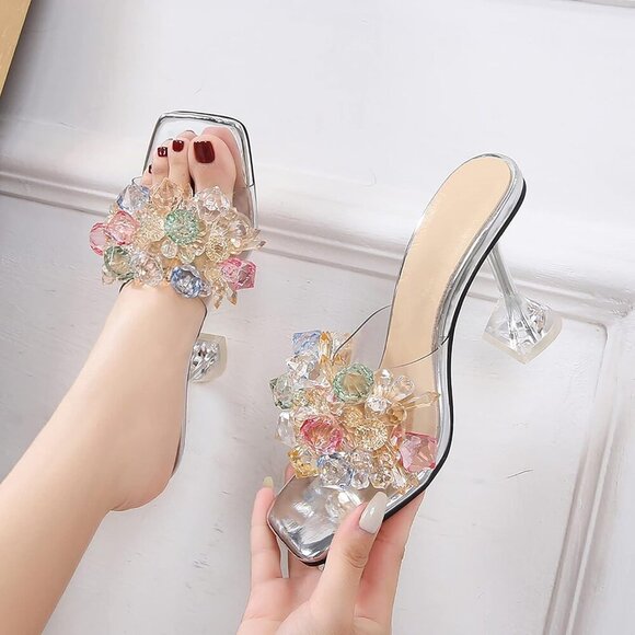 Elegant Women Crystal Flower Silver Heels Square Toe Stiletto Mule Dress Sandals - Picture 3 of 7